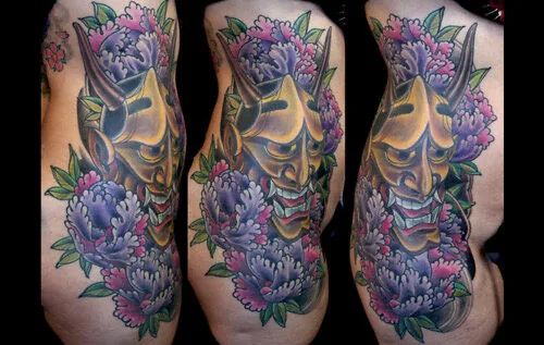 Neo Japanese gold hannya purple peony ribs tattoo by Terry Ribera, San Diego