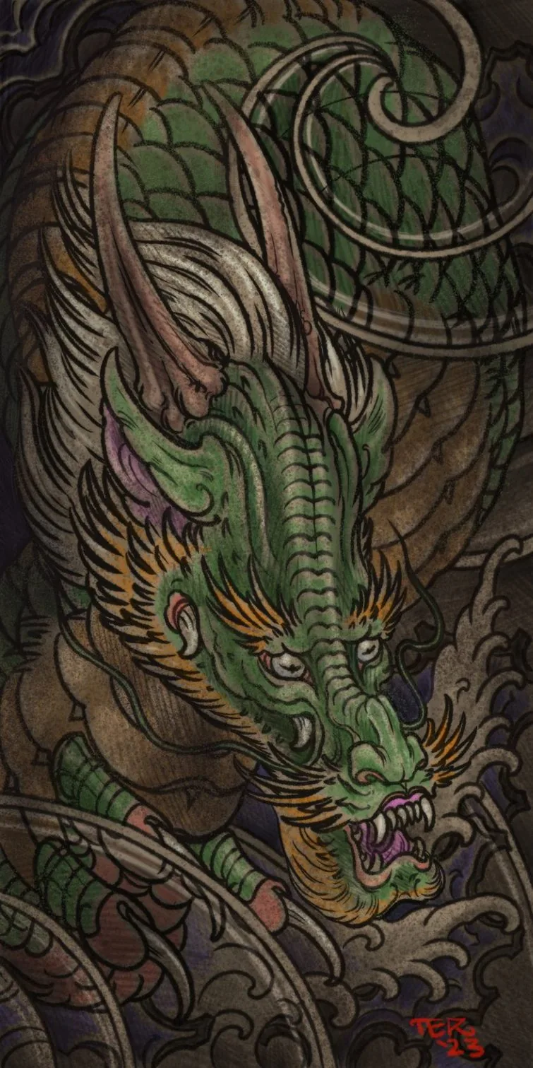 Neo Japanese green dragon digital painting by Terry Ribera