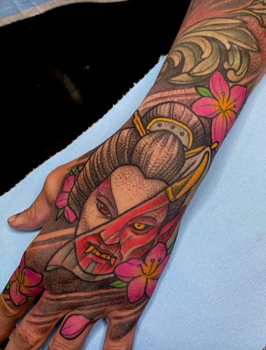Neo Japanese hannya geisha hand pink flowers tattoo by Terry Ribera, San Diego