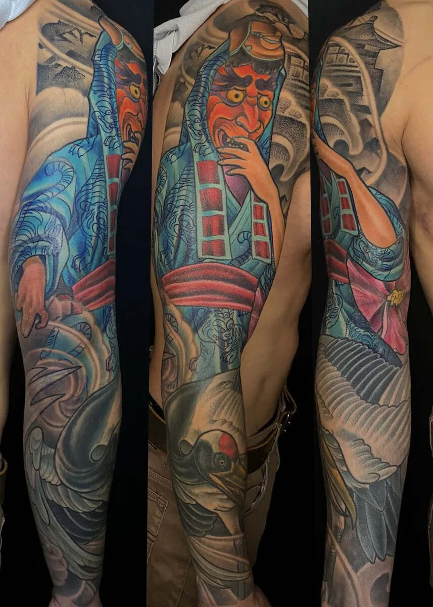 Neo Japanese hannya kimono figure crane full sleeve tattoo by Terry Ribera, San Diego