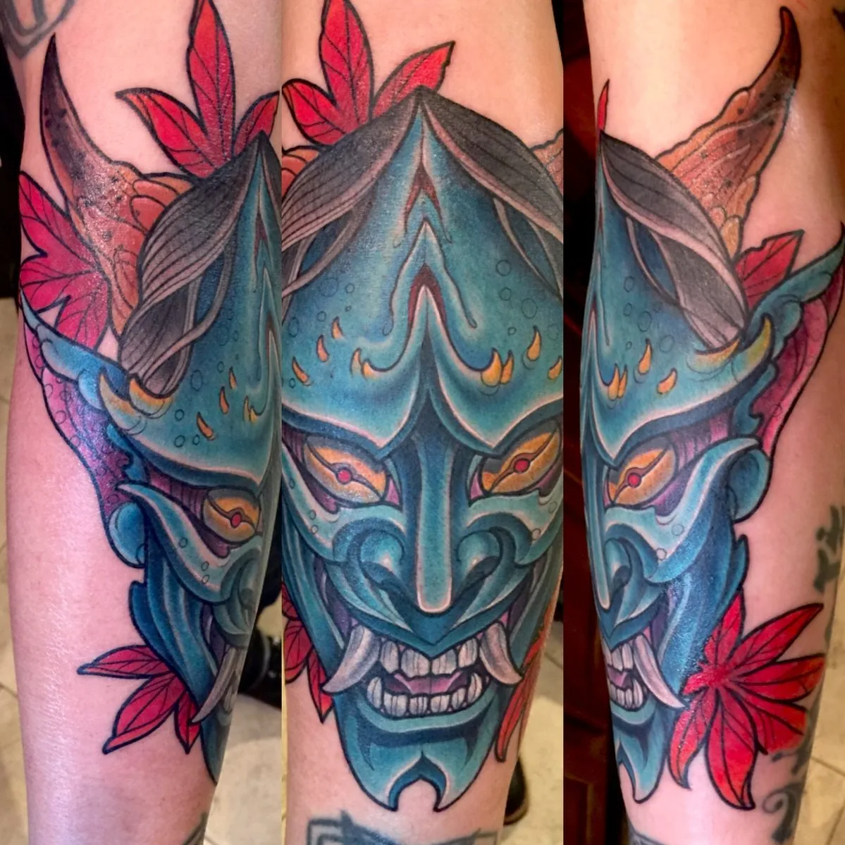 Neo Japanese hannya mask maple leaf forearm tattoo by Terry Ribera, San Diego