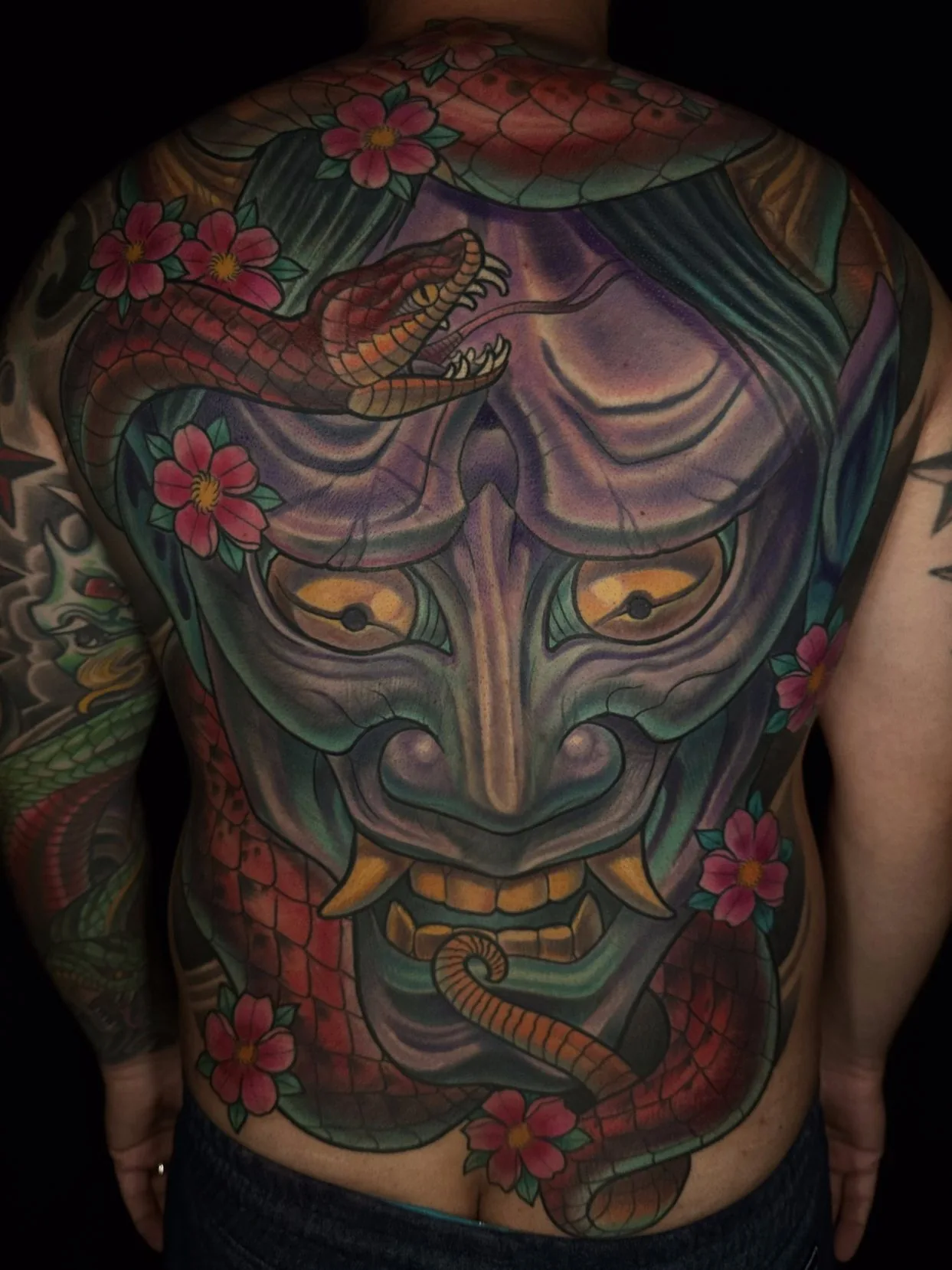 Neo Japanese hannya snake cherry blossom full back tattoo by Terry Ribera, San Diego