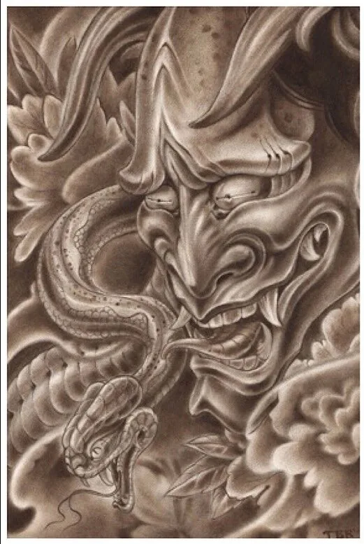 Neo Japanese hannya snake peony pencil drawing by Terry Ribera