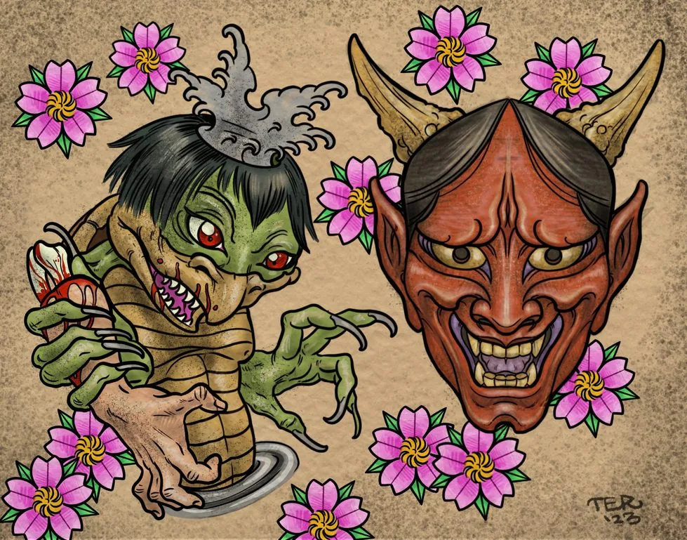 Neo Japanese kappa yokai hannya flash drawing by Terry Ribera