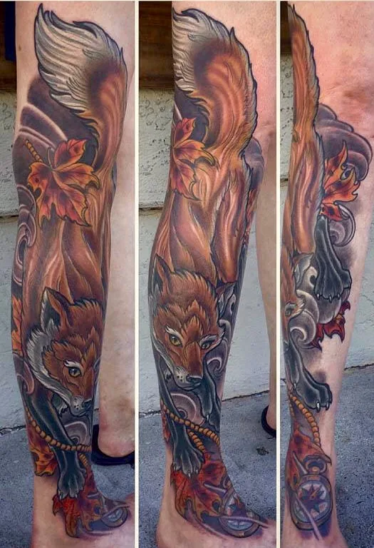 Neo Japanese kitsune fox leg sleeve tattoo by Terry Ribera, San Diego