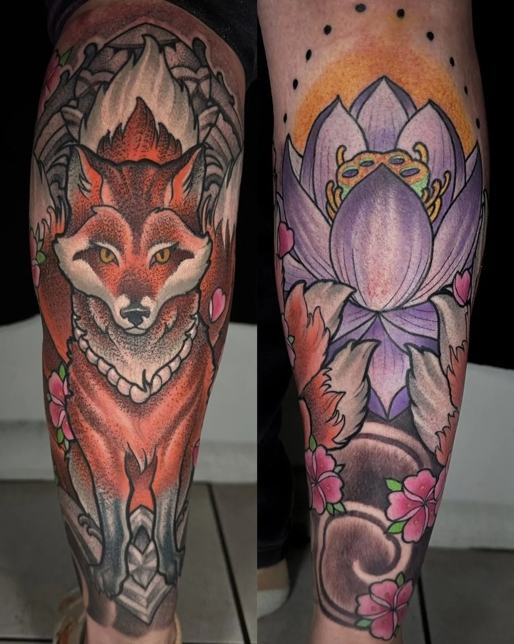 Neo Japanese kitsune fox lotus frog leg tattoo by Terry Ribera, San Diego