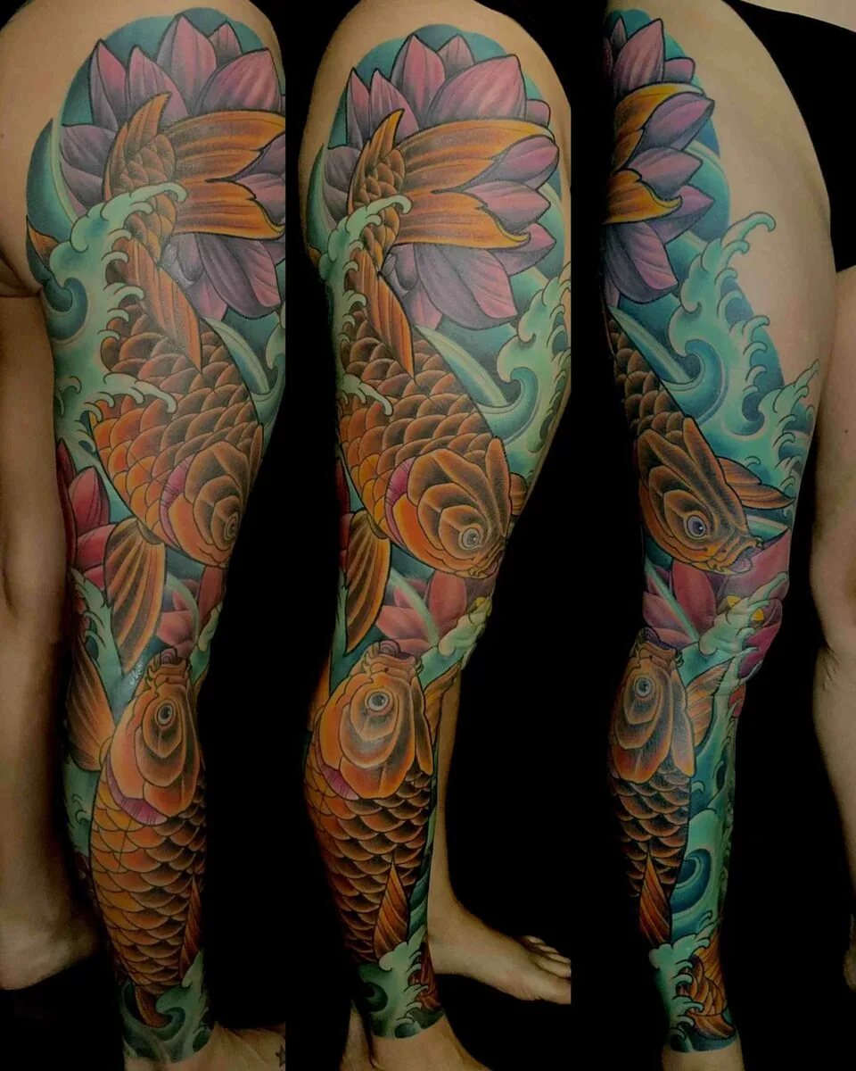 Neo Japanese koi lotus full sleeve tattoo by Terry Ribera, San Diego