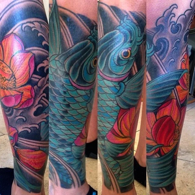 Neo Japanese koi lotus waves half sleeve tattoo by Terry Ribera, San Diego