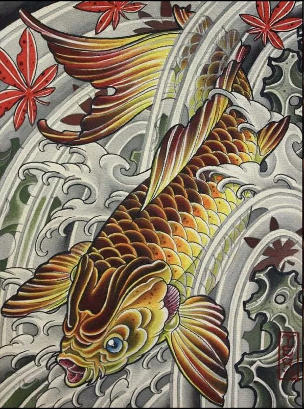 Neo Japanese koi maple leaf painting by Terry Ribera