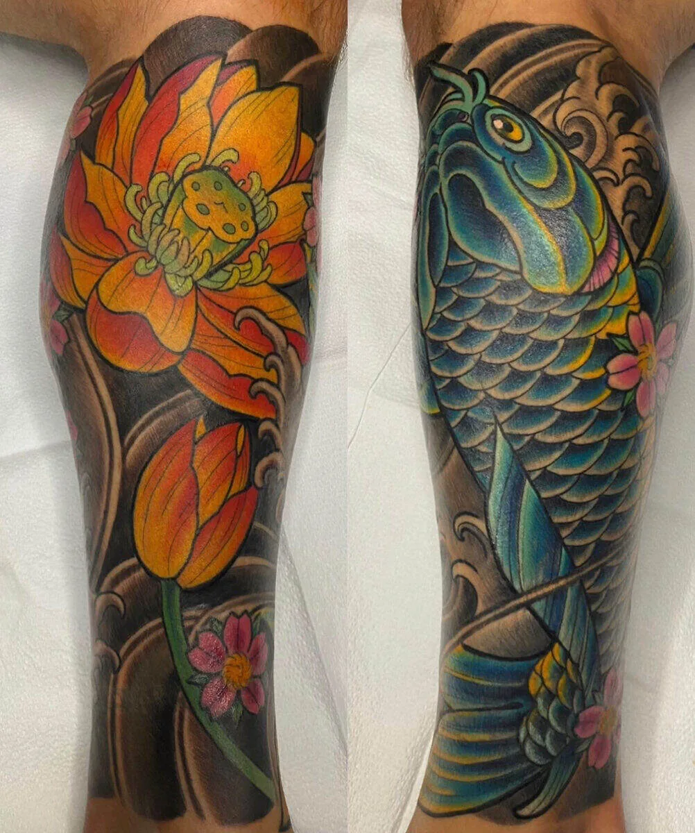 Neo Japanese koi orange lotus calf two panel tattoo by Terry Ribera, San Diego