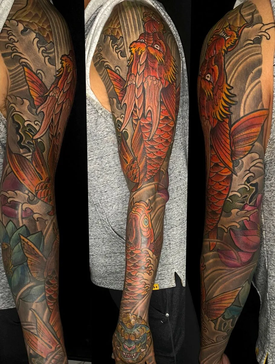 Neo Japanese koi phoenix full sleeve tattoo by Terry Ribera, San Diego