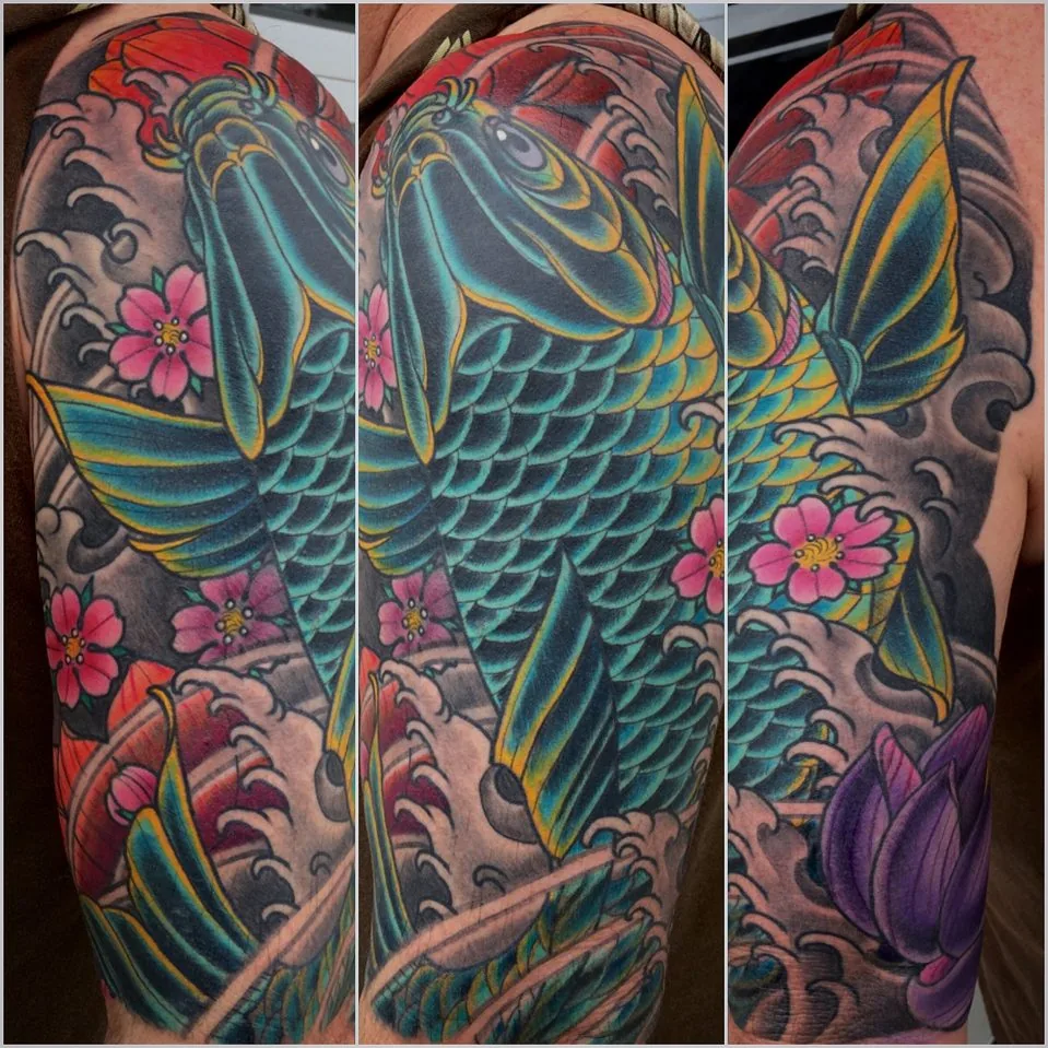 Neo Japanese koi waves cherry blossom half sleeve tattoo by Terry Ribera, San Diego