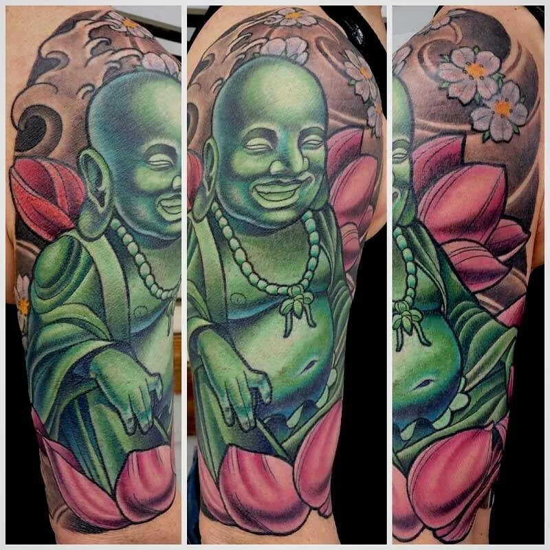 Neo Japanese laughing Buddha pink lotus half sleeve tattoo by Terry Ribera, San Diego