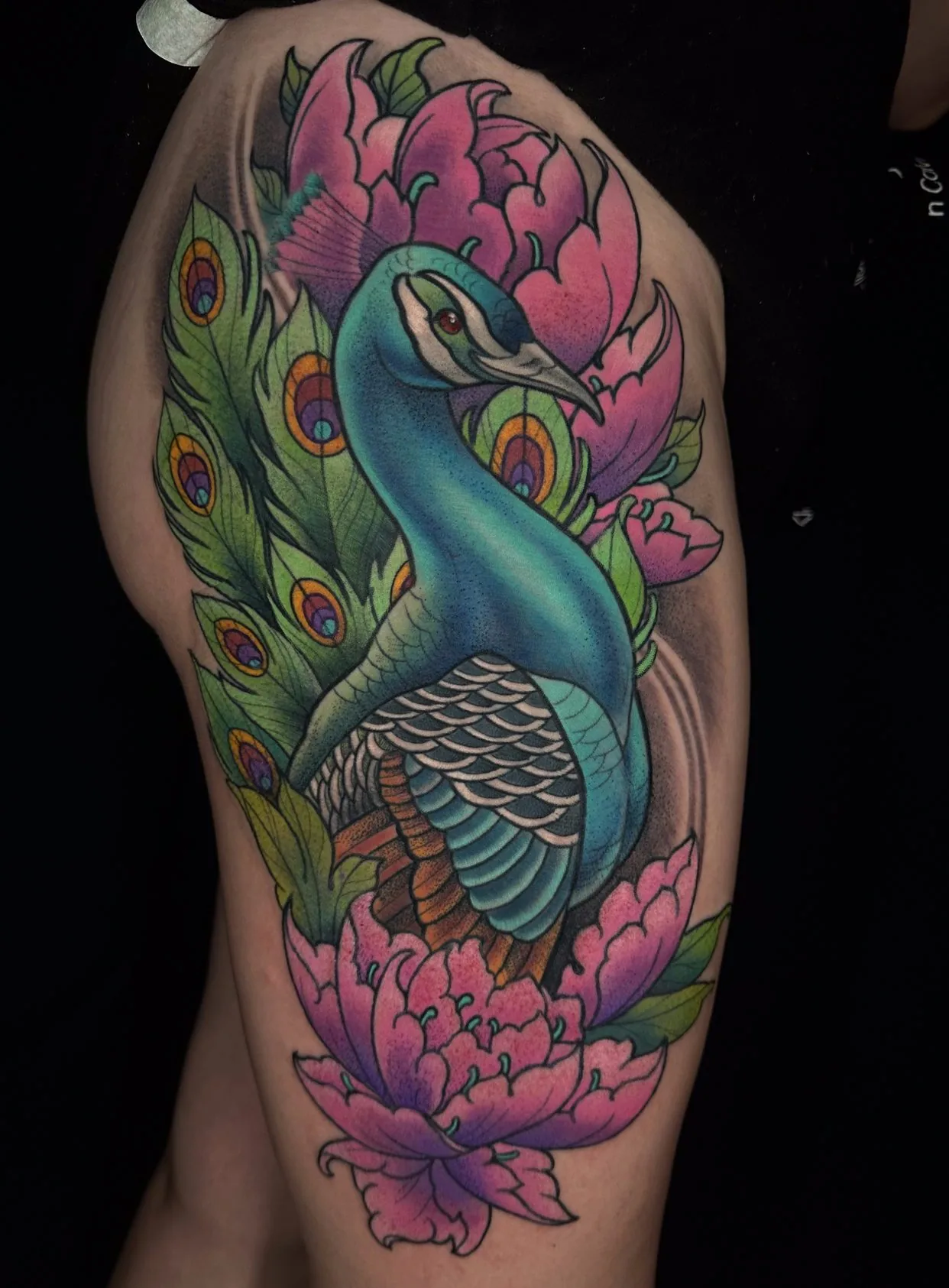 Neo Japanese peacock peony thigh tattoo by Terry Ribera, San Diego