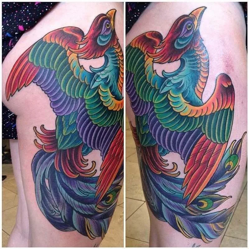Neo Japanese phoenix thigh tattoo by Terry Ribera, San Diego