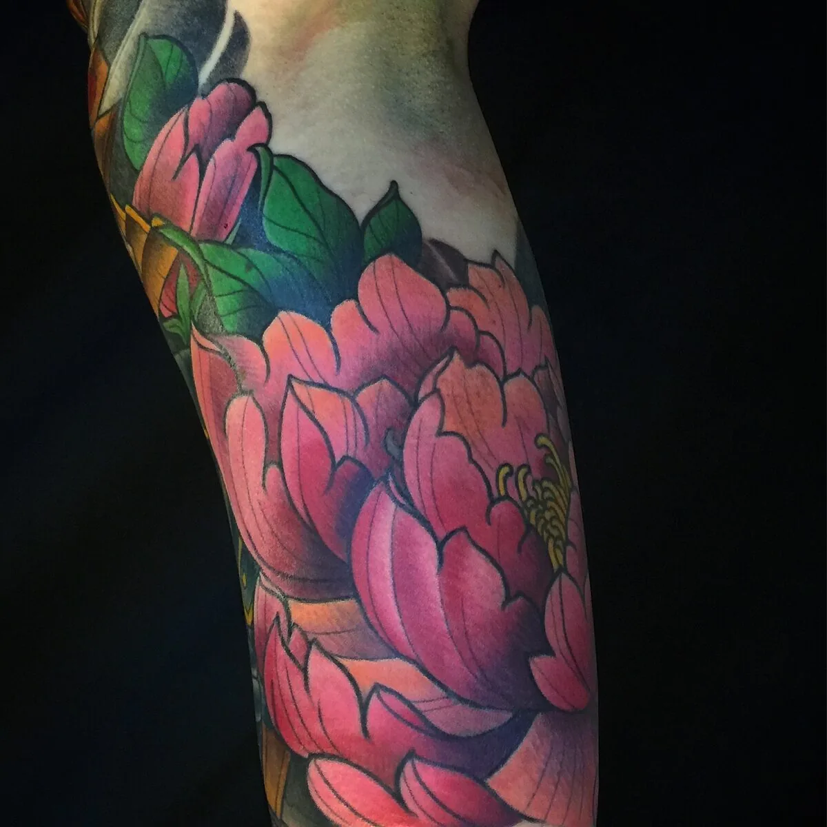 Neo Japanese pink peony upper arm sleeve tattoo by Terry Ribera, San Diego