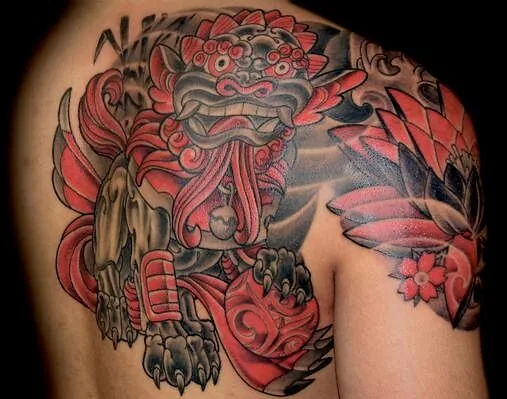 Neo Japanese red foo dog shoulder back cherry blossom tattoo by Terry Ribera, San Diego