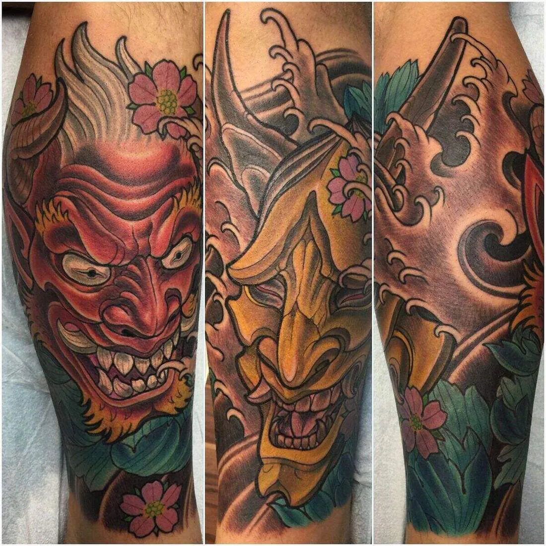 Neo Japanese red gold hannya duo calf tattoo by Terry Ribera, San Diego