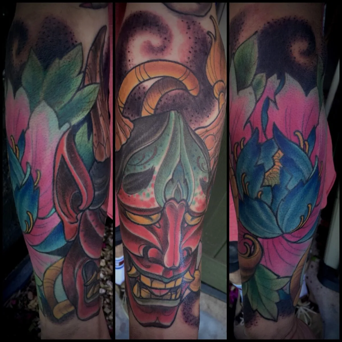 Neo Japanese red hannya lotus flowers calf tattoo by Terry Ribera, San Diego
