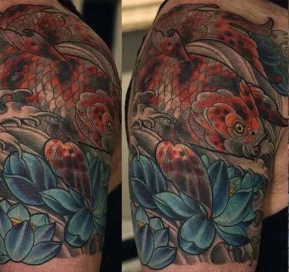 Neo Japanese red koi blue lotus shoulder tattoo by Terry Ribera, San Diego