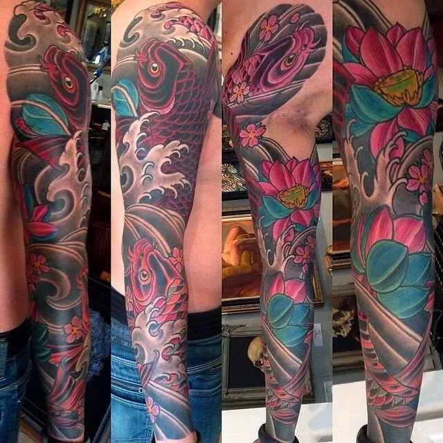 Neo Japanese red koi lotus waves full sleeve four panel tattoo by Terry Ribera, San Diego