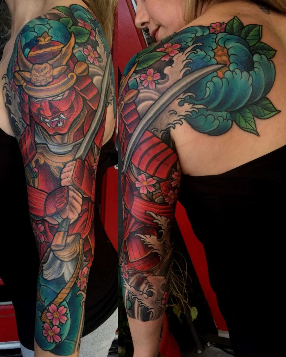 Neo Japanese samurai sleeve shoulder tattoo by Terry Ribera, San Diego