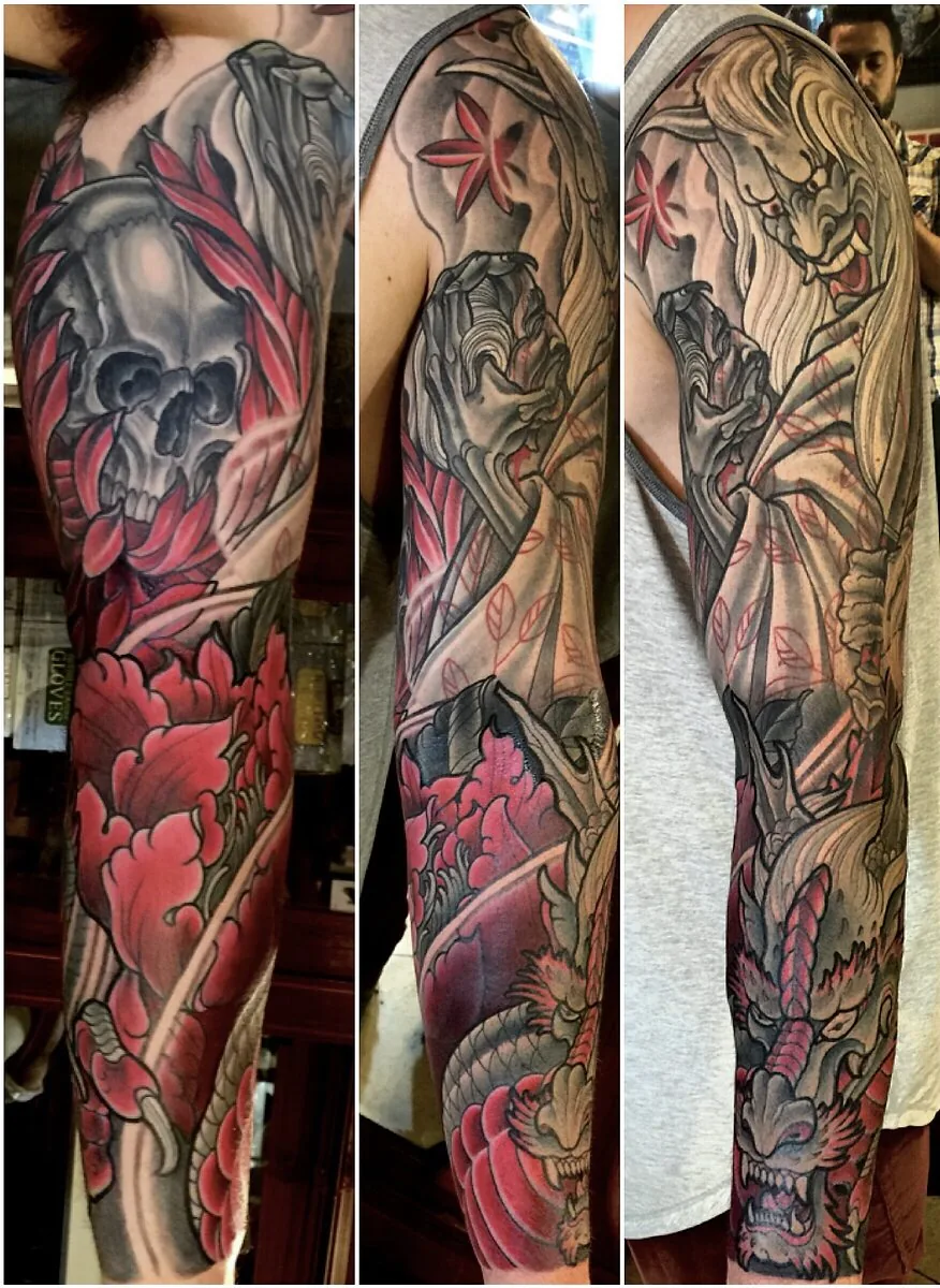 Neo Japanese skull grim reaper peony dragon full sleeve tattoo by Terry Ribera, San Diego