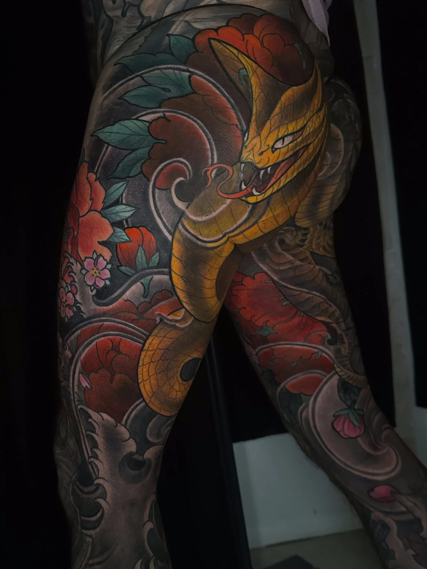 Neo Japanese snake peony leg tattoo by Terry Ribera, San Diego