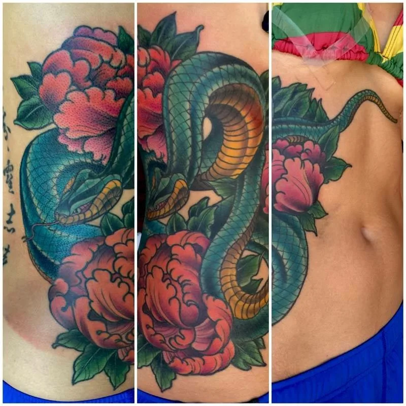 Neo Japanese snake peony ribs tattoo by Terry Ribera, San Diego