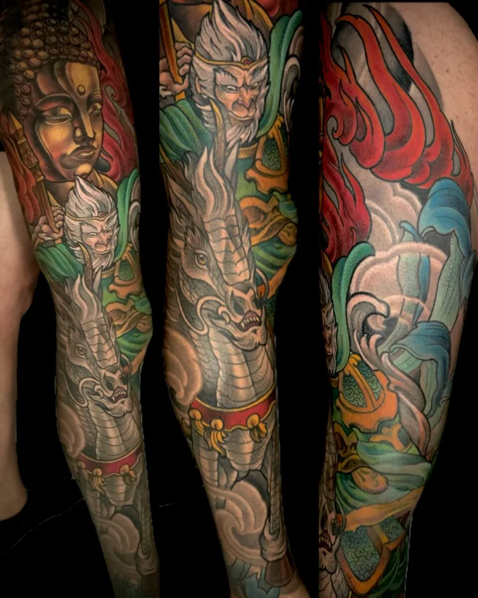 Neo Japanese Sun Wukong Monkey King dragon Buddha full sleeve tattoo by Terry Ribera, San Diego