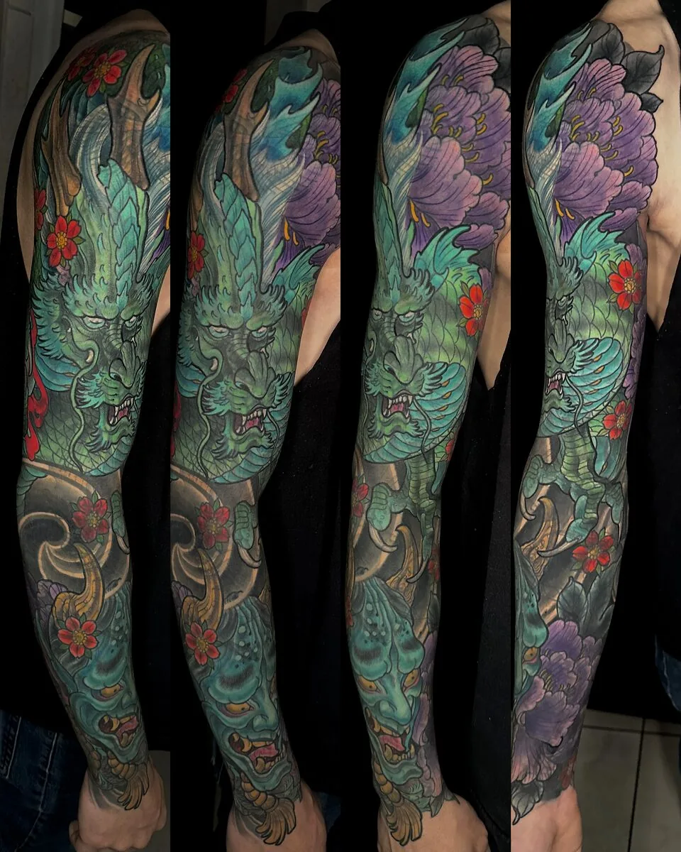 Neo Japanese teal green dragon hannya purple chrysanthemum full sleeve tattoo by Terry Ribera, San Diego