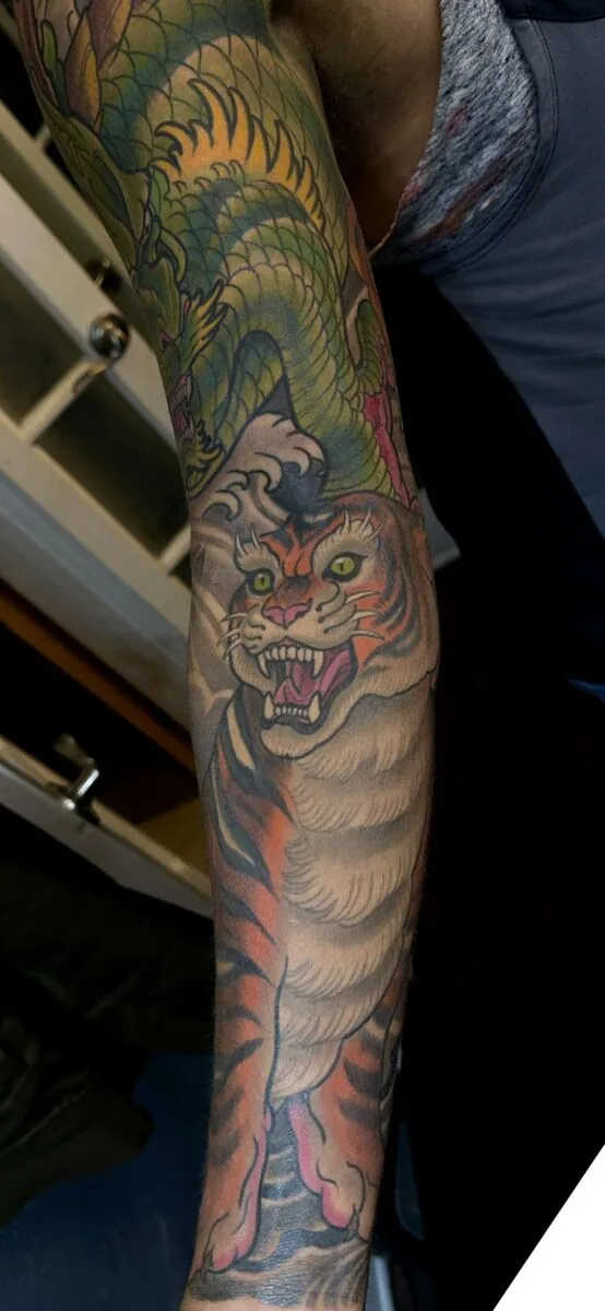 Neo Japanese tiger sleeve detail tattoo by Terry Ribera, San Diego