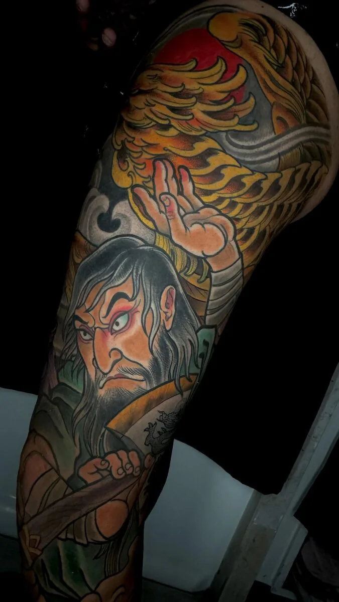 Neo Japanese warrior monk phoenix leg sleeve tattoo by Terry Ribera, San Diego