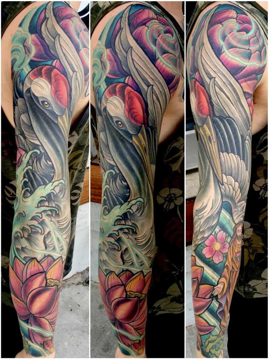 Neo Japanese white crane lotus waves full sleeve tattoo by Terry Ribera, San Diego