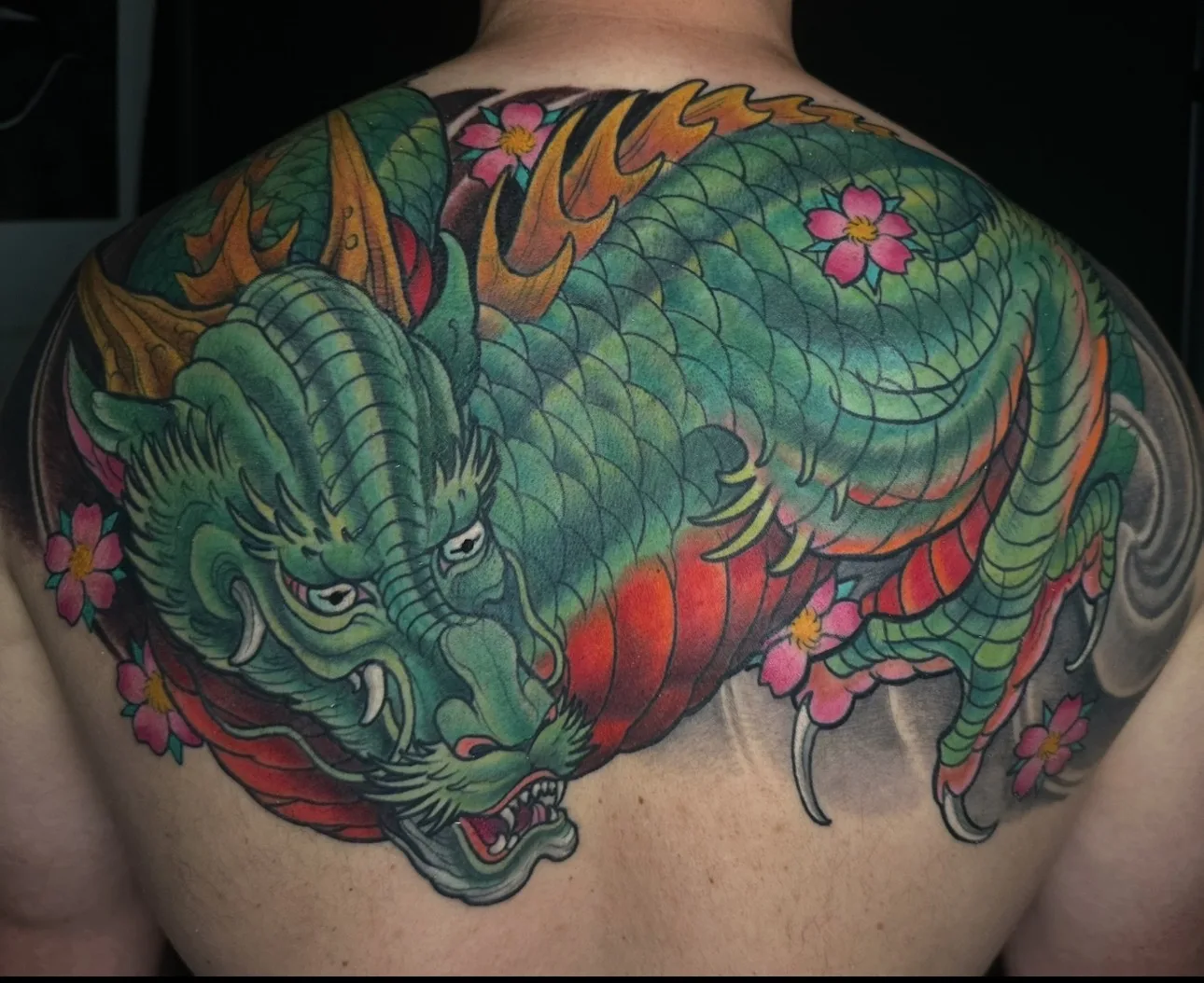 Color Neo Japanese dragon and cherry blossom back piece tattoo by Terry Ribera, San Diego