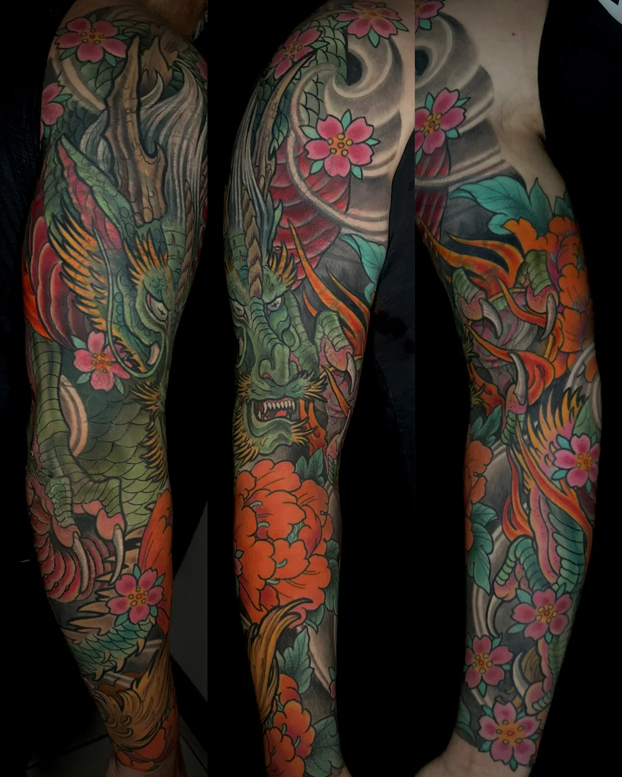 Color Neo Japanese dragon and peony full sleeve tattoo by Terry Ribera, San Diego