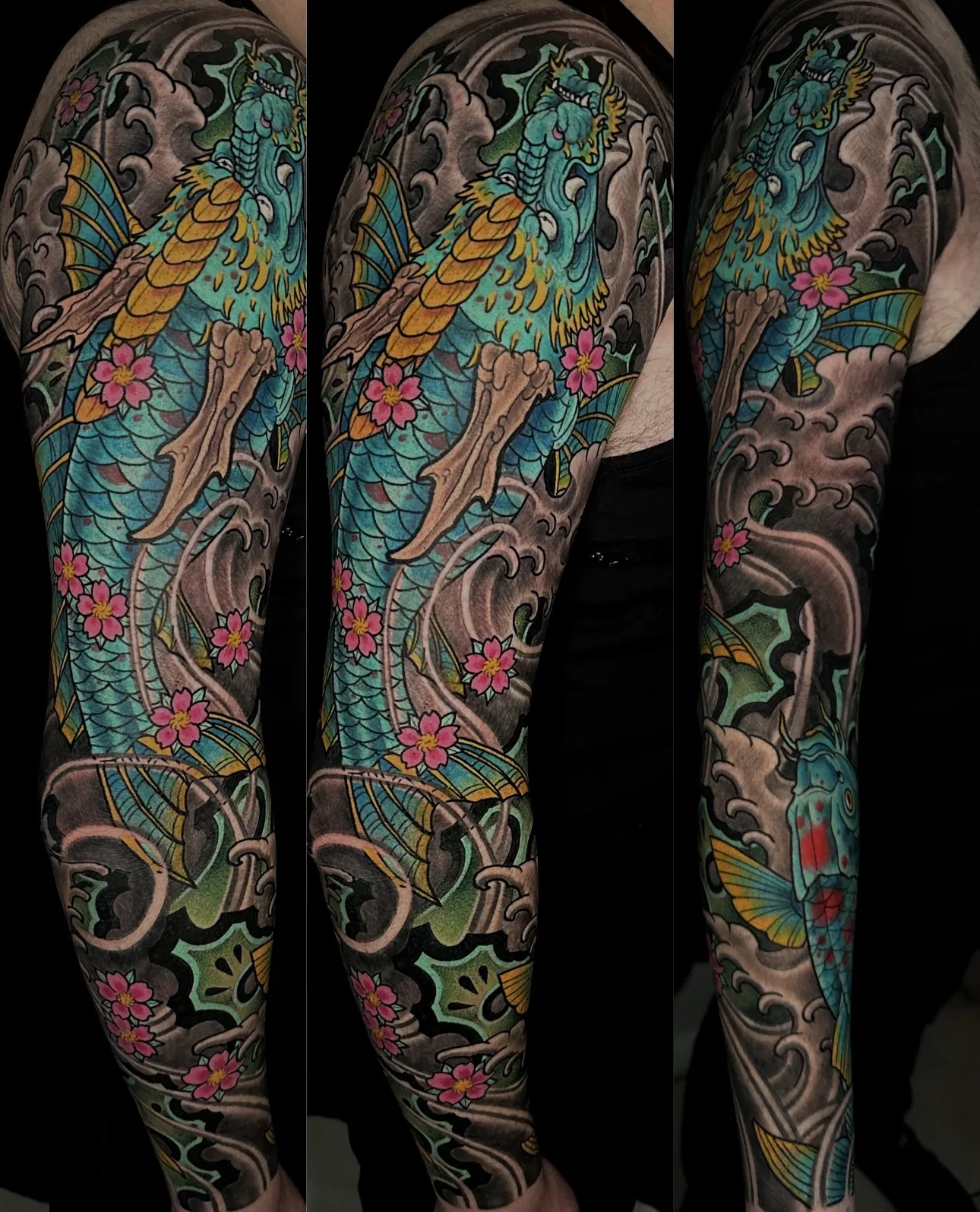 Color Neo Japanese dragon full sleeve in teal by Terry Ribera, San Diego