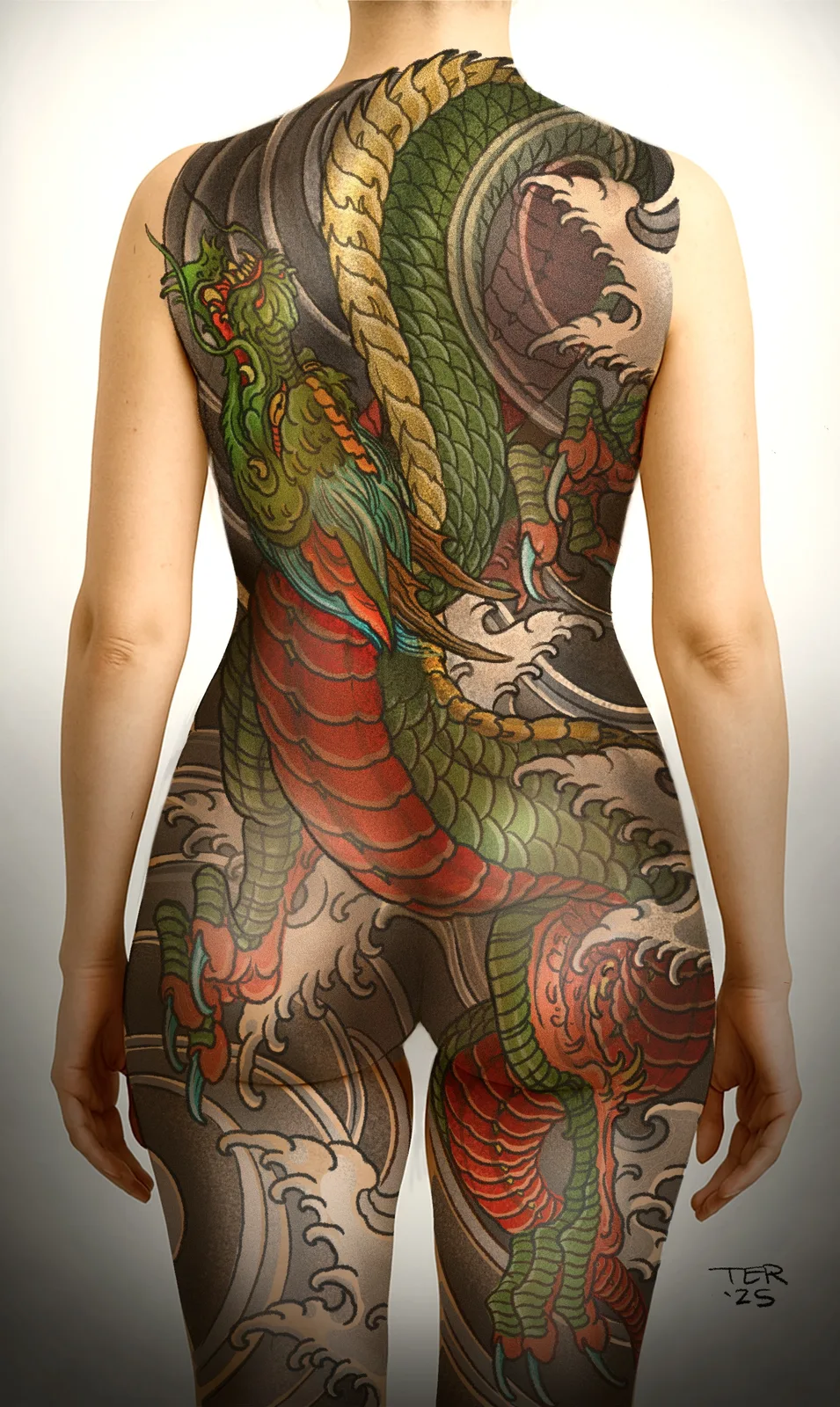 Color Neo Japanese body suit, back view, with a dragon and figure by Terry Ribera, San Diego