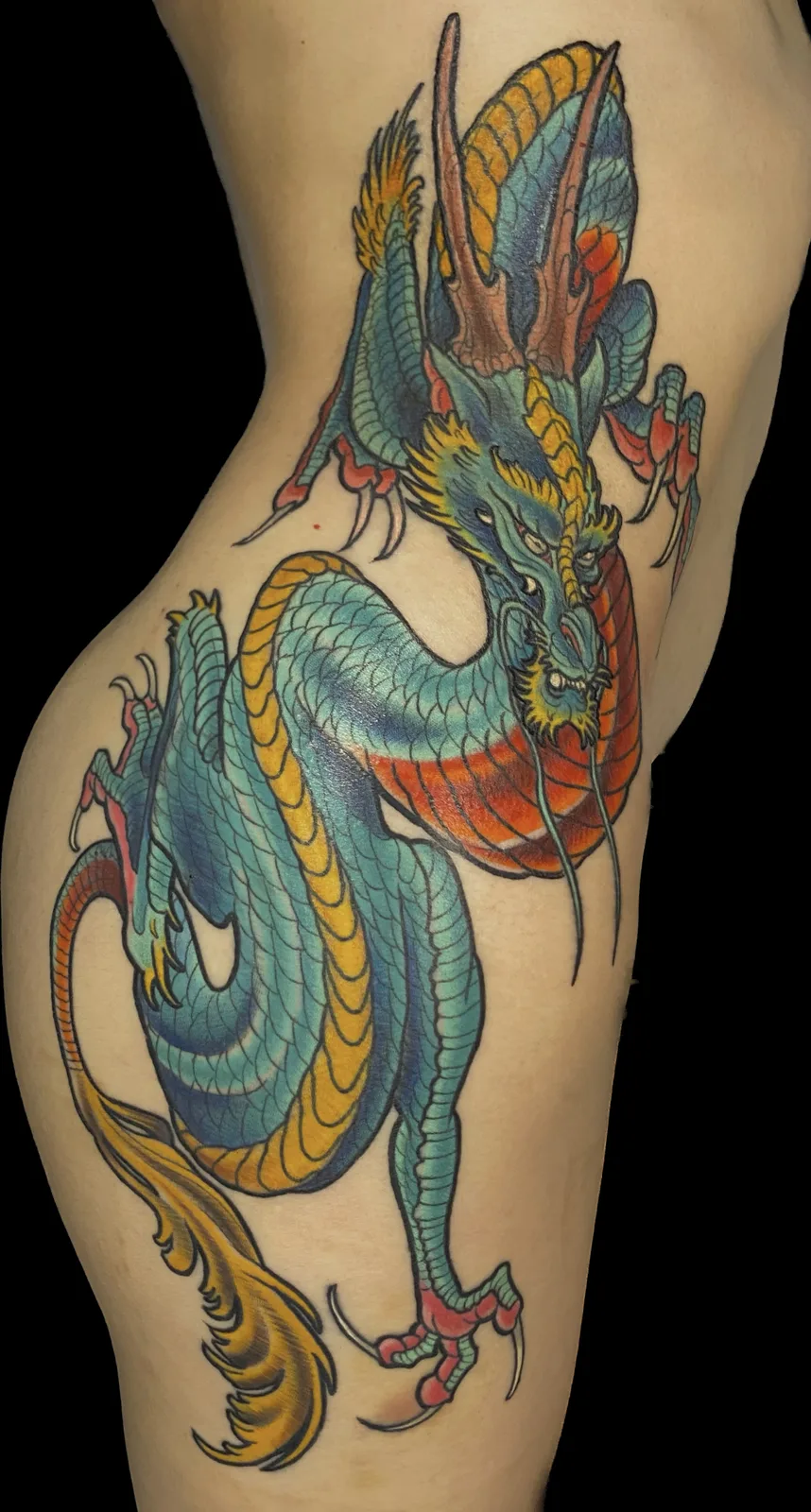 Color Neo Japanese green dragon side and rib piece by Terry Ribera, San Diego