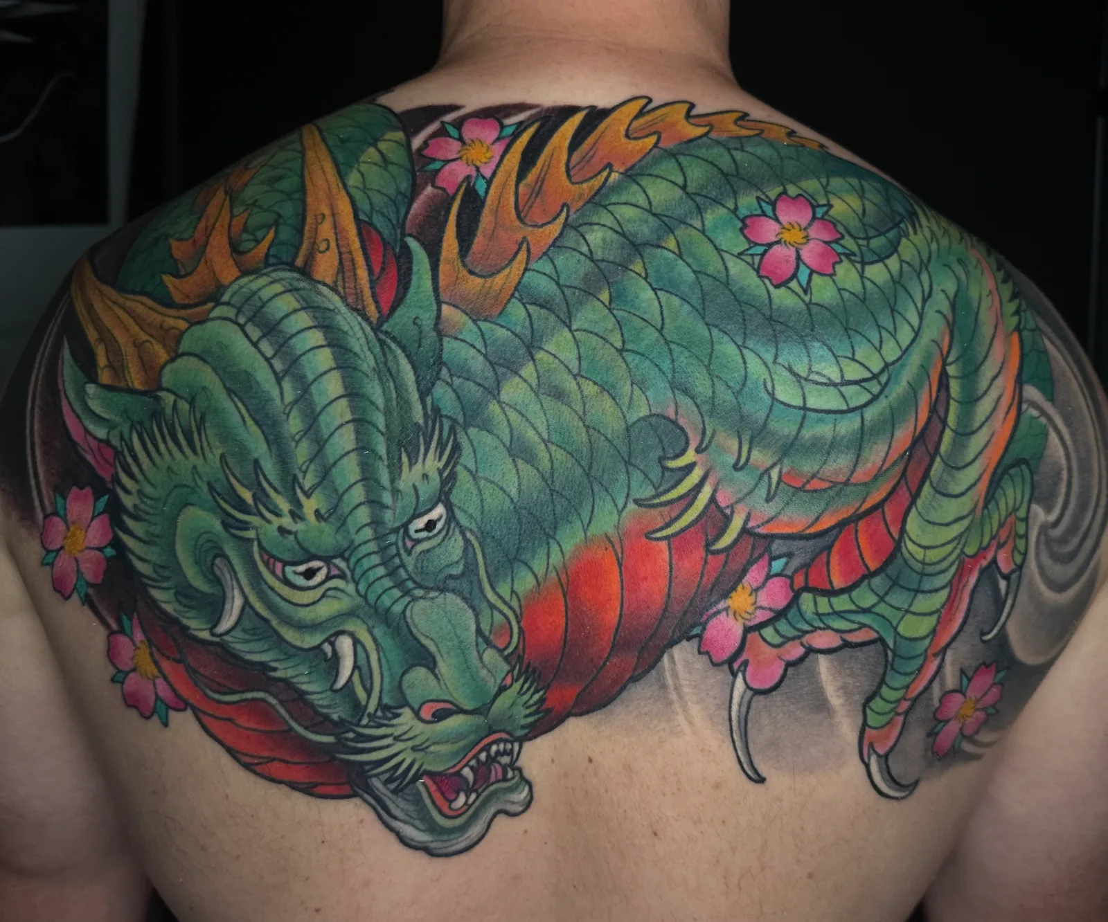 Color Neo Japanese green dragon upper back piece by Terry Ribera, San Diego
