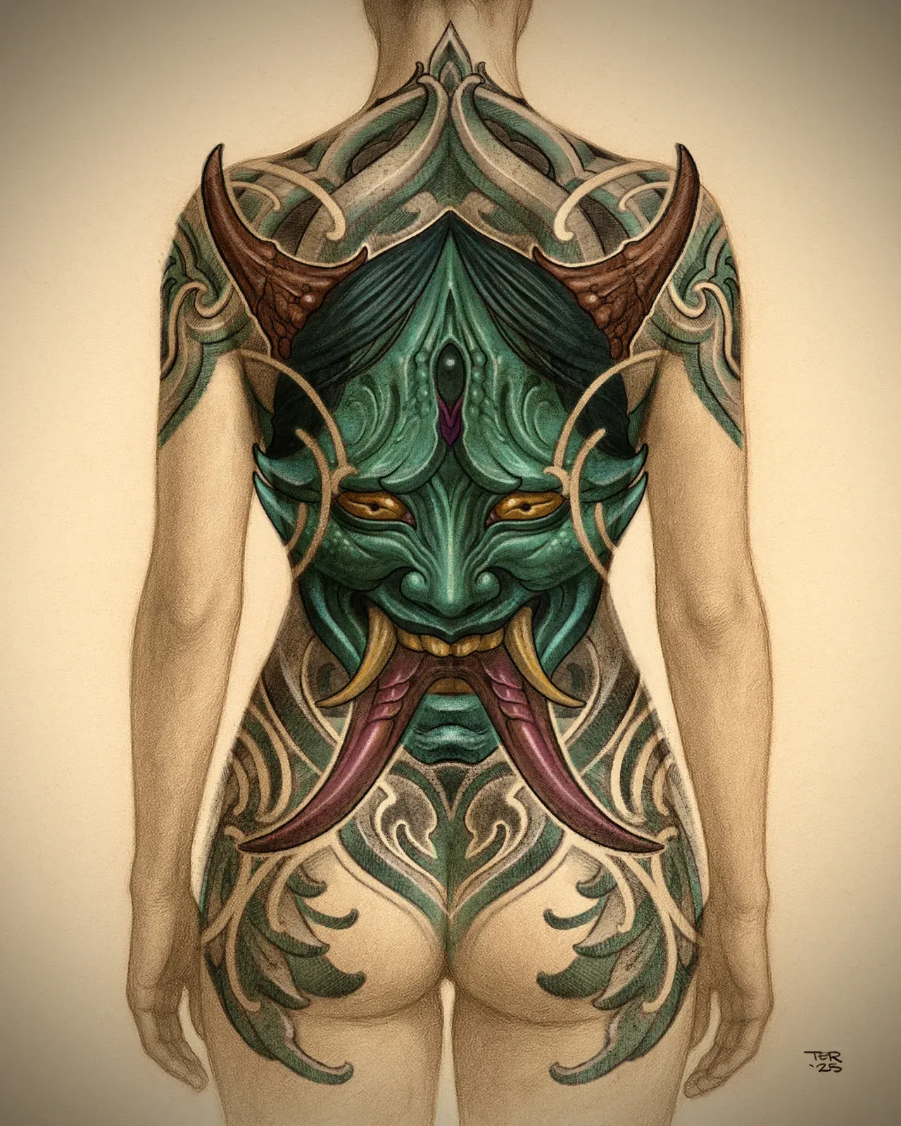 Neo Japanese green hannya body suit design rendered on a body template by Terry Ribera, San Diego