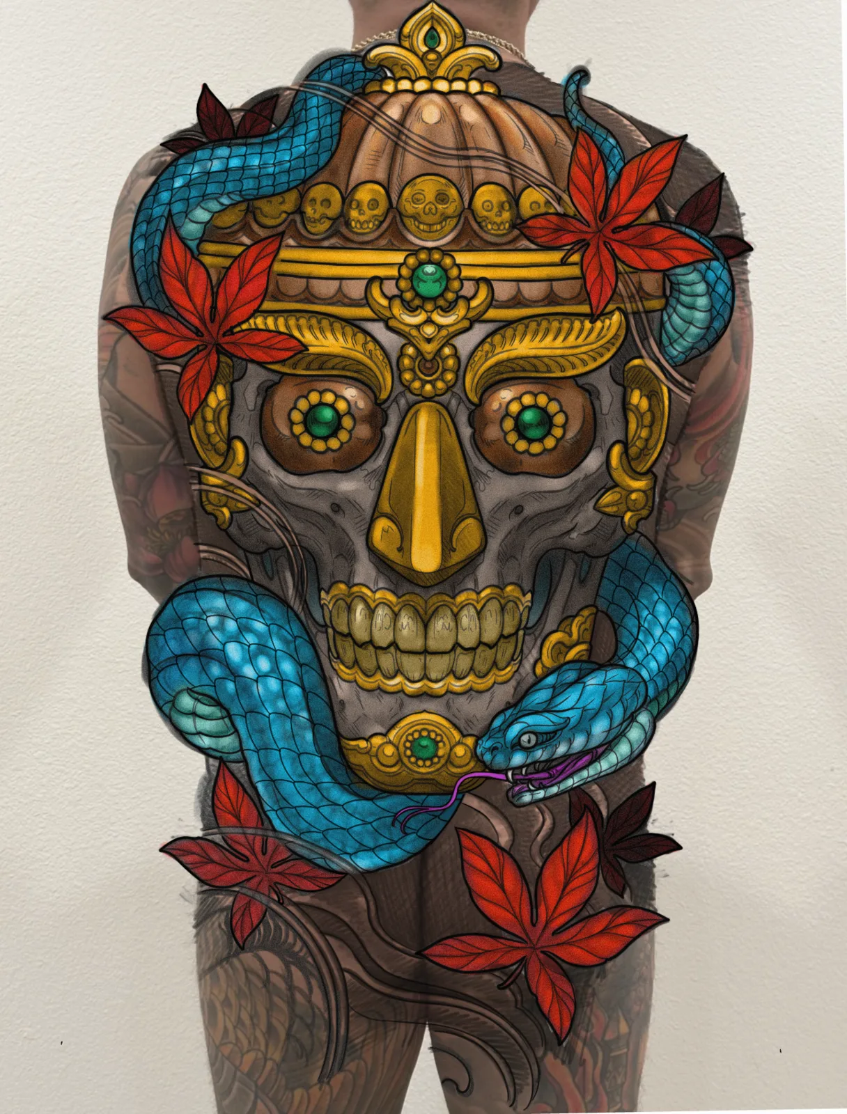 Color Asian kapala skull and snake back piece tattoo by Terry Ribera, San Diego