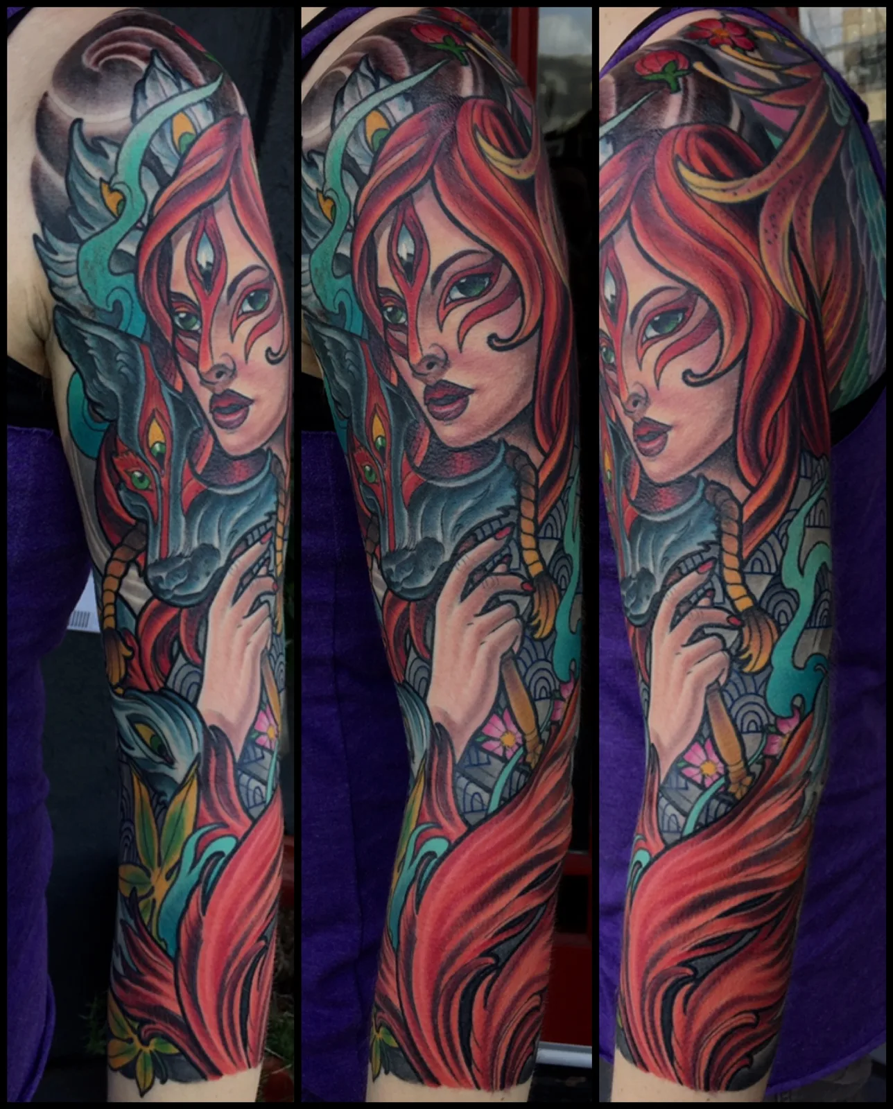 Color Neo Japanese kitsune fox spirit sleeve tattoo by Terry Ribera, San Diego