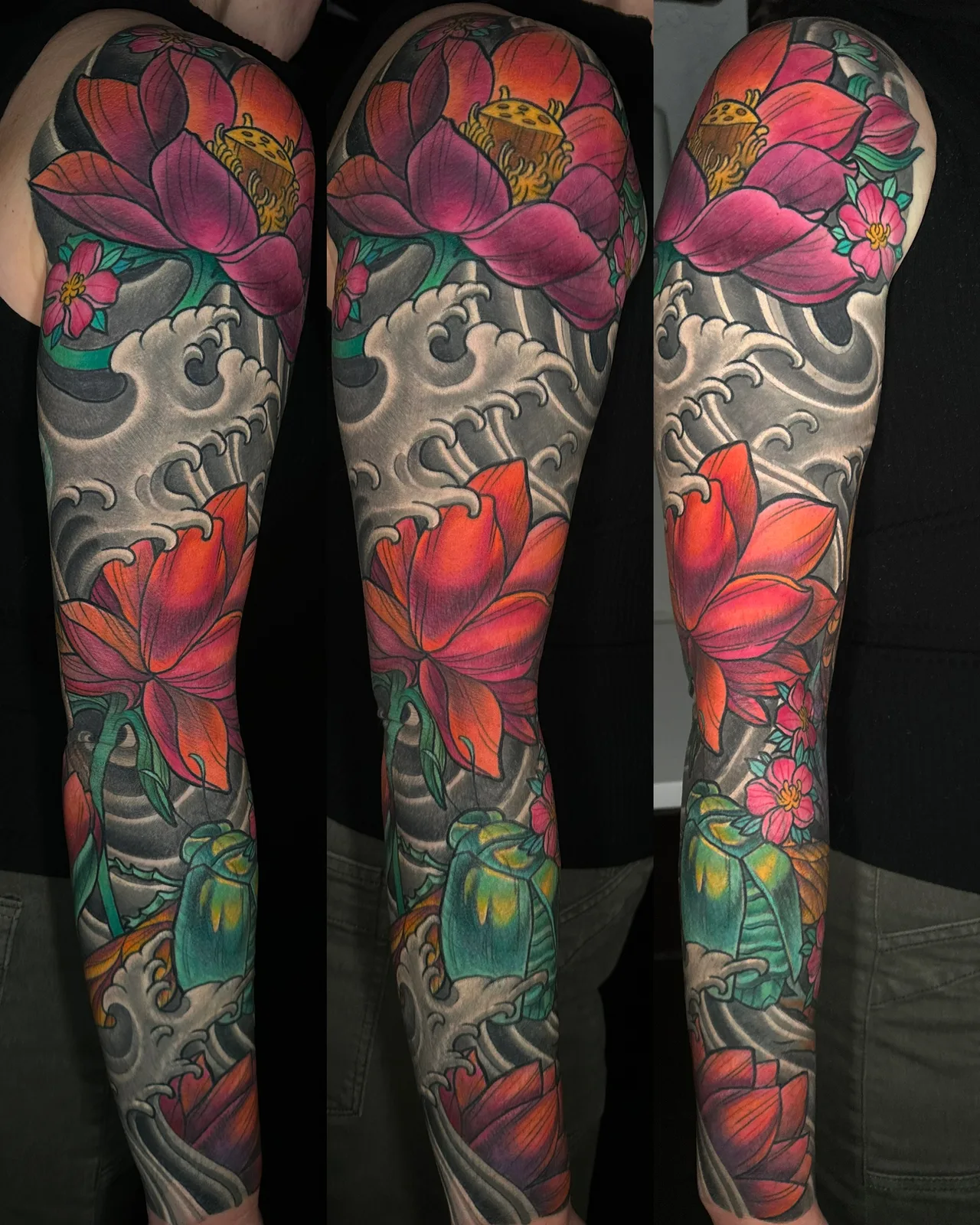 Color Neo Japanese lotus and waves full sleeve tattoo by Terry Ribera, San Diego