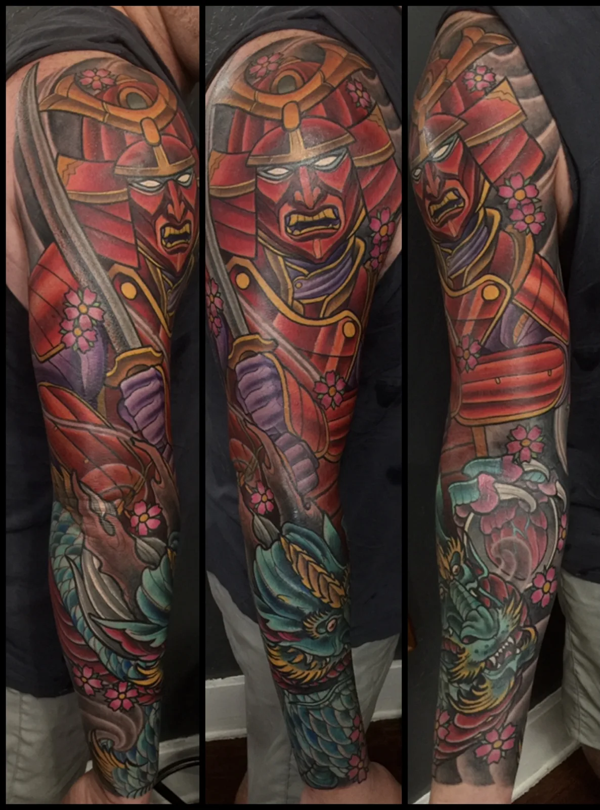 Color Neo Japanese samurai and dragon full sleeve with cherry blossoms by Terry Ribera, San Diego
