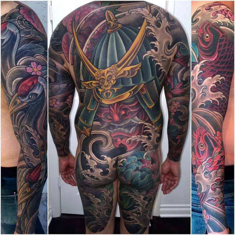 Color Neo Japanese samurai full body suit, back view by Terry Ribera, San Diego