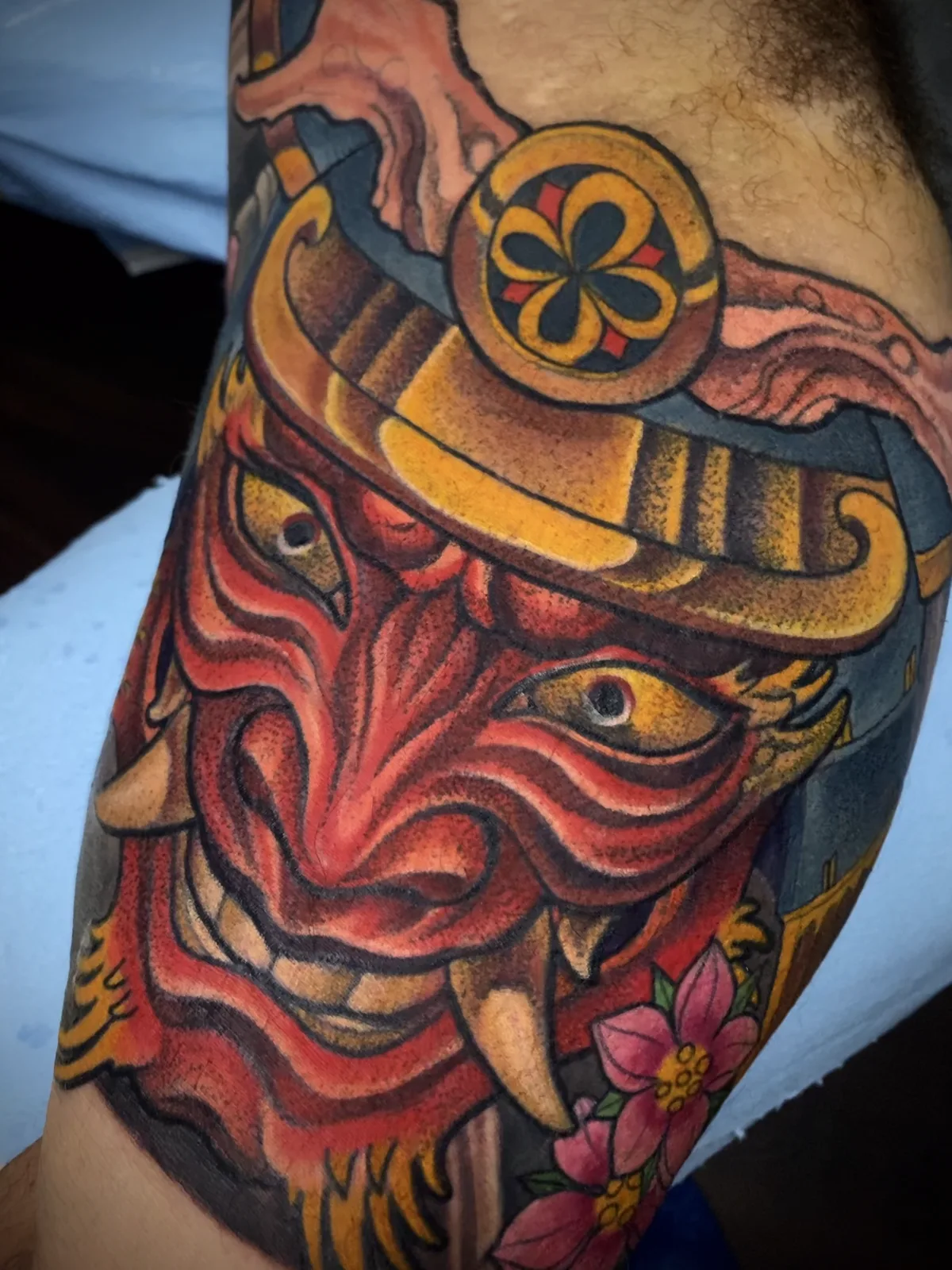 Color Neo Japanese samurai mask tattoo by Terry Ribera, San Diego