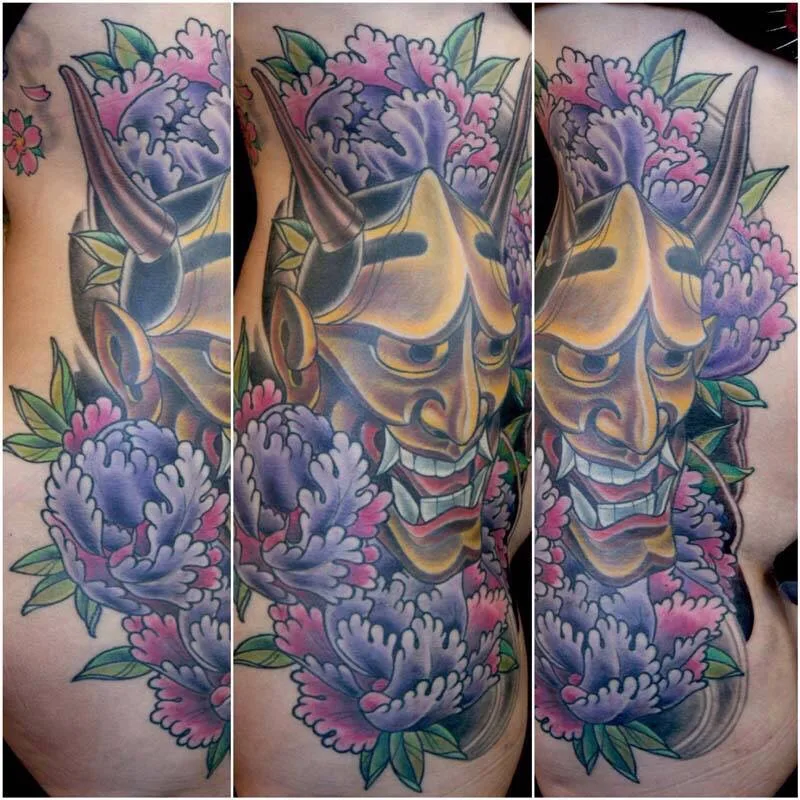 Color Neo Japanese samurai and purple peony sleeve, multiple views by Terry Ribera, San Diego