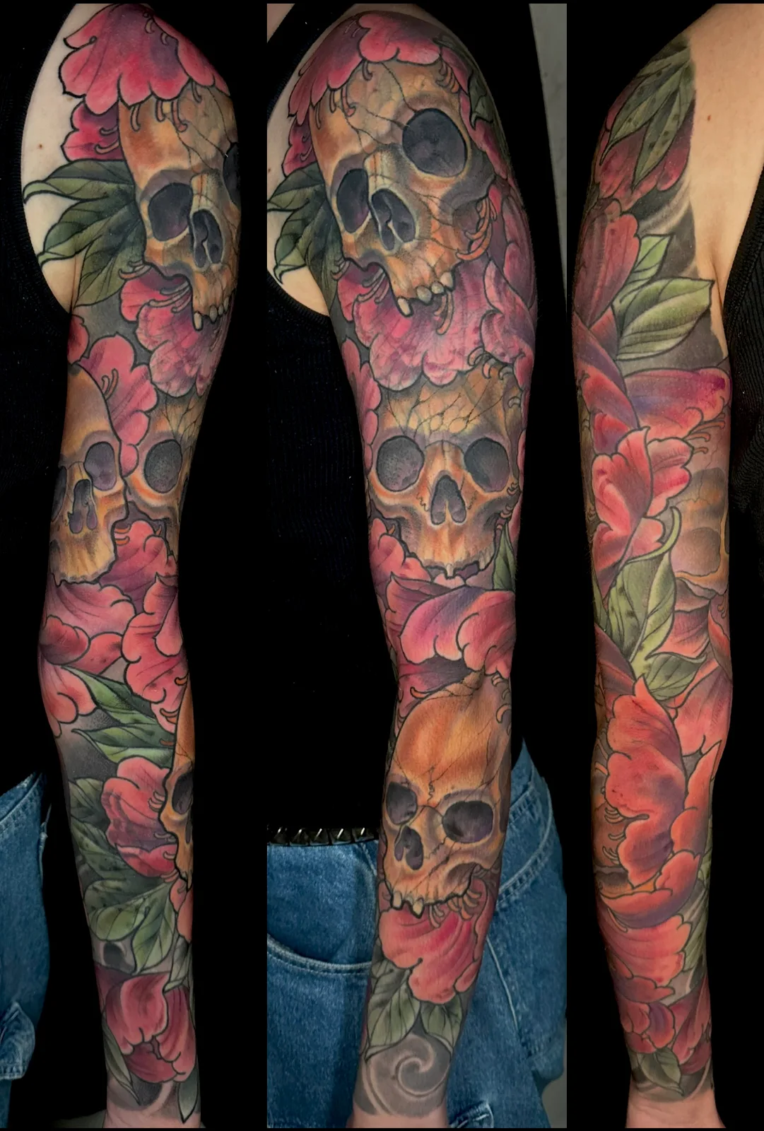 Color Neo Japanese skulls and peony sleeve tattoo by Terry Ribera, San Diego
