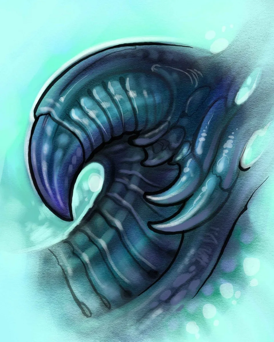 Bio-organic alien blue horn creature digital drawing by Terry Ribera